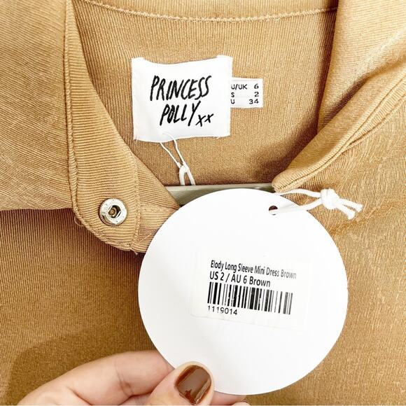 PRINCESS POLLY Elody Long Sleeve Mini Dress Brown NWT Size 2 - Picture 4 of 8